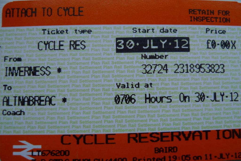 Printed paper ticket for a bicycle reservation on a train