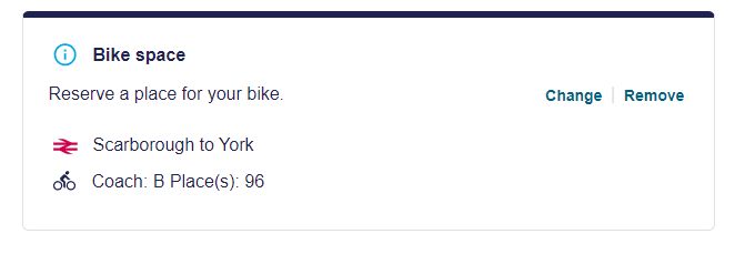 Example confirmation message for a train bike reservation