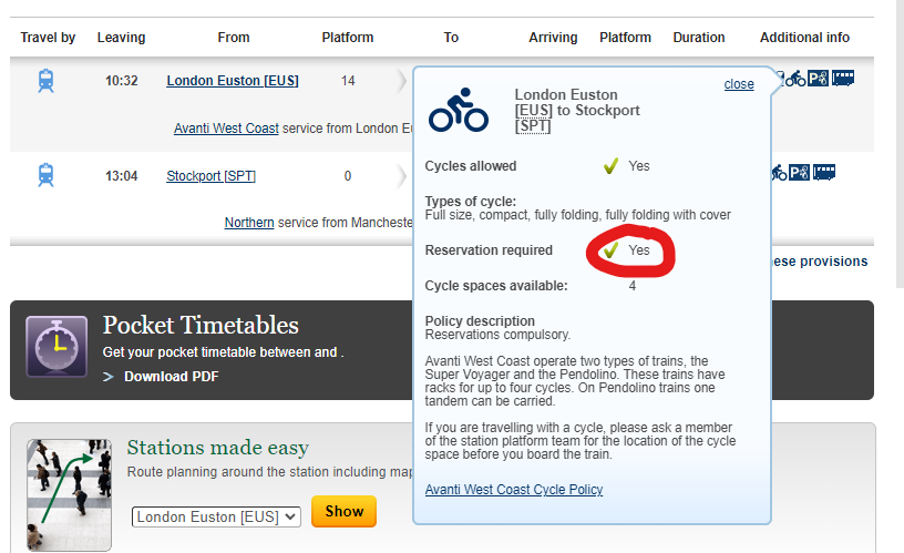 Example train search showing cycle restrictions for a journey via Stockport